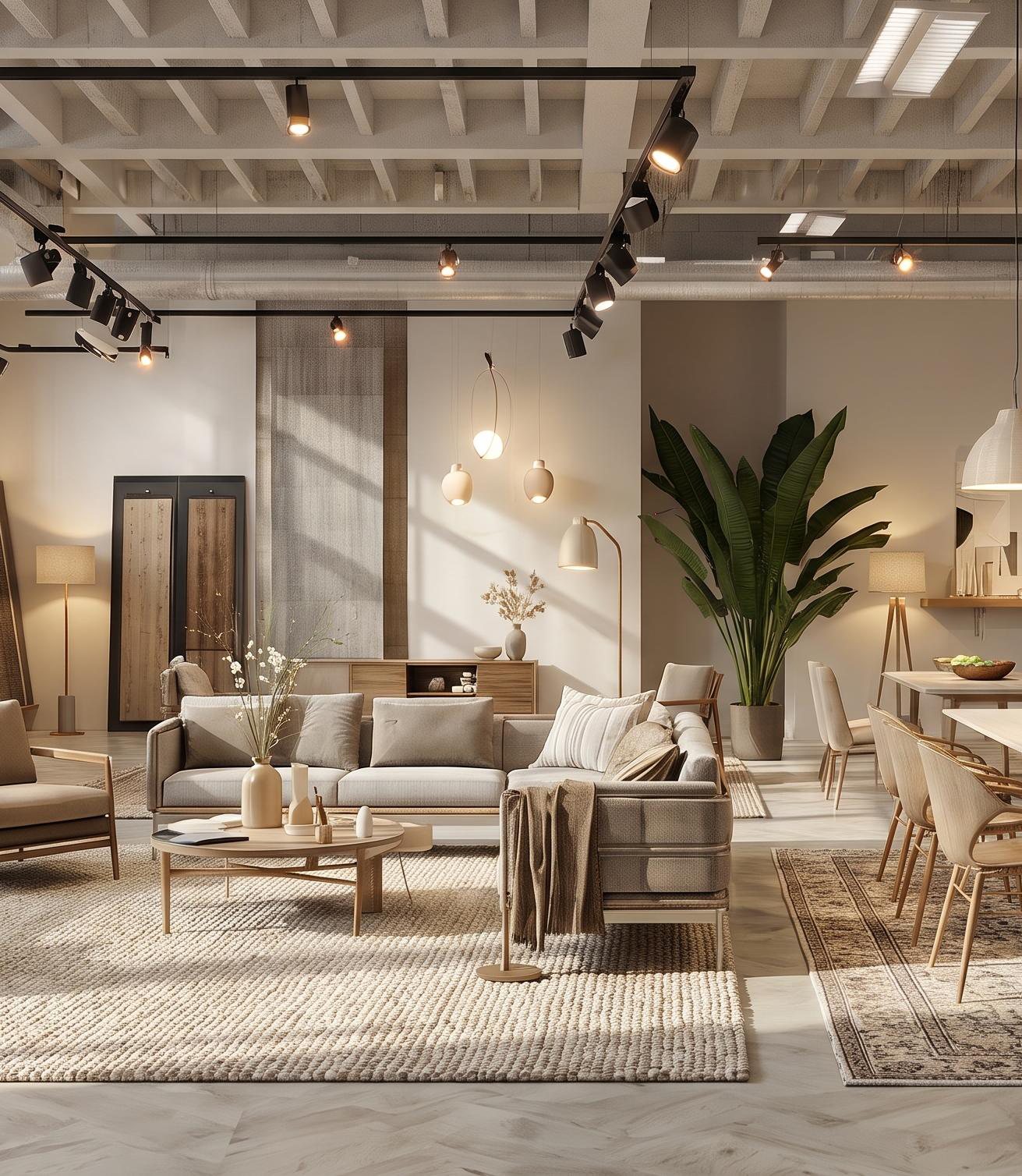 A furnished showroom interior with layered rugs, lounge seating and pendant lighting