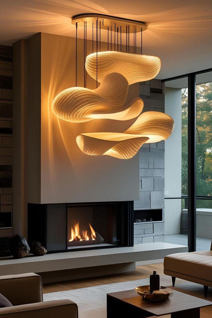 A sculptural pendant light above a fireplace in a warm living space
